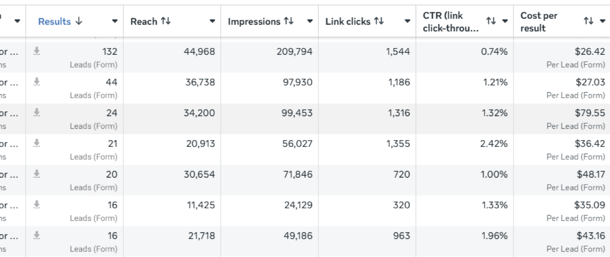 Paid Meta and Instagram ads dashboard screenshot